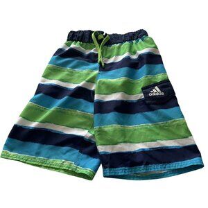 Adidas Boys Striped Swim Trunks M Green Blue Elastic Waistband Beach Resort Vaca